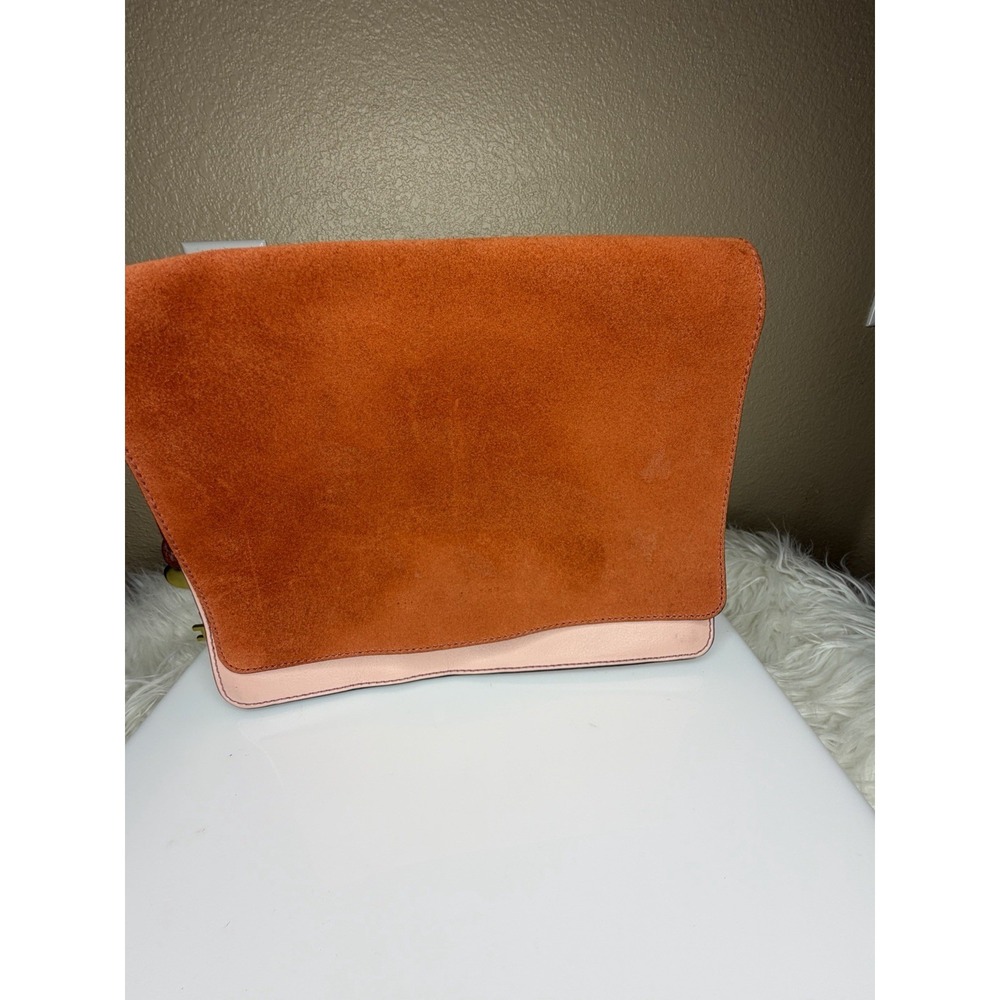 Fossil Leather Clutch Bag Colour Block Suede Flap Pink Orange  Brass Hardware